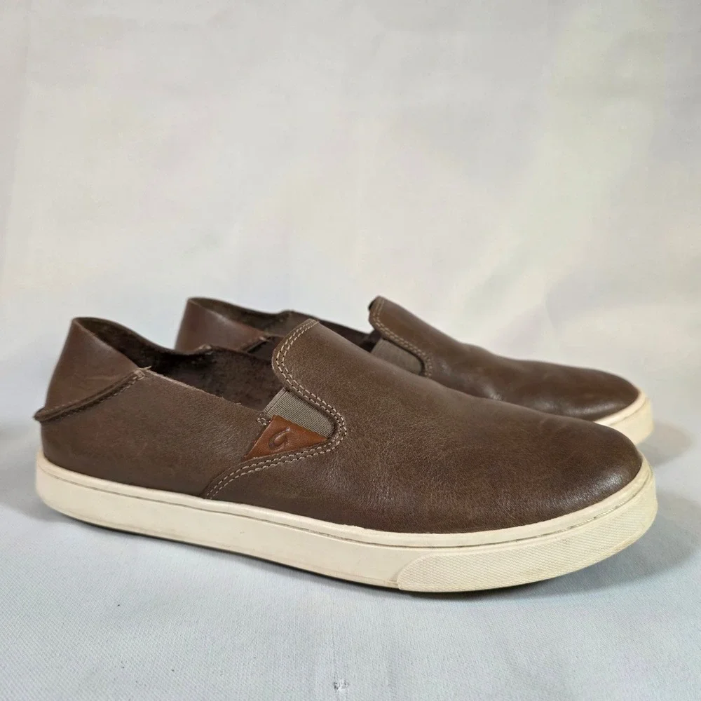 OluKai Pehuea Womens 8.5 Leather Slip On Sneakers Fox Brown Coastal Everyday